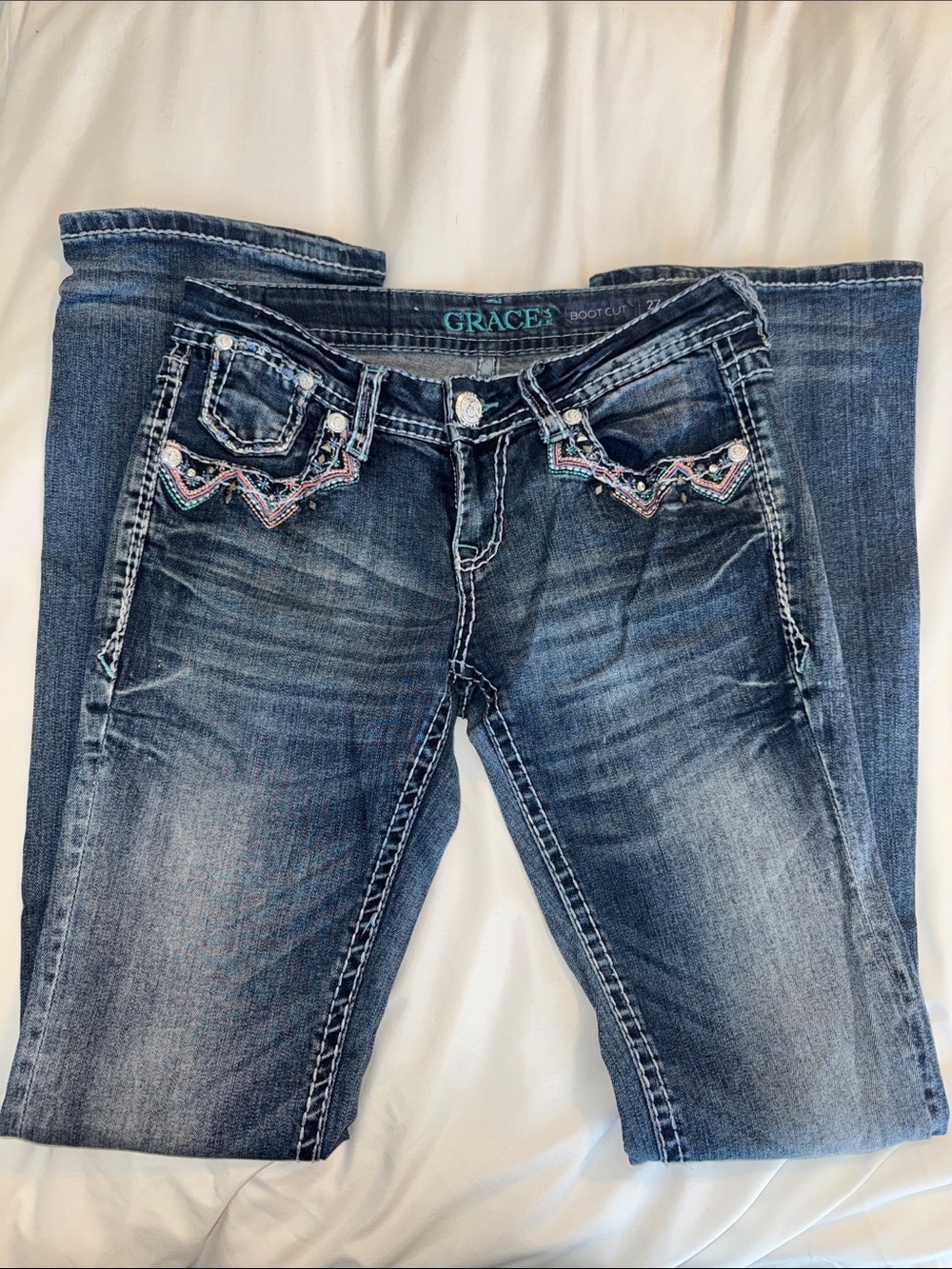 Grace in LA Blue Bootcut Jeans with Embroidered Back Pocket - Picture 3 of 4